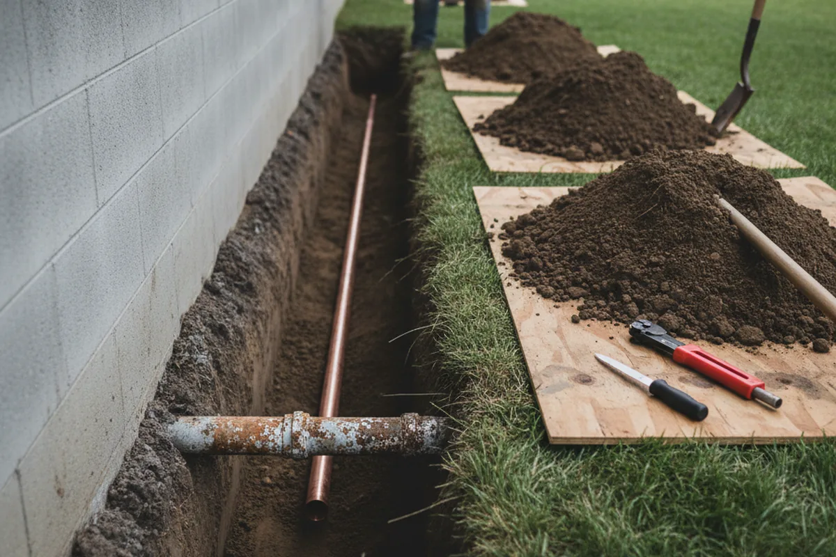 Excavated water line trench during Water Softener Installation in Dolomite